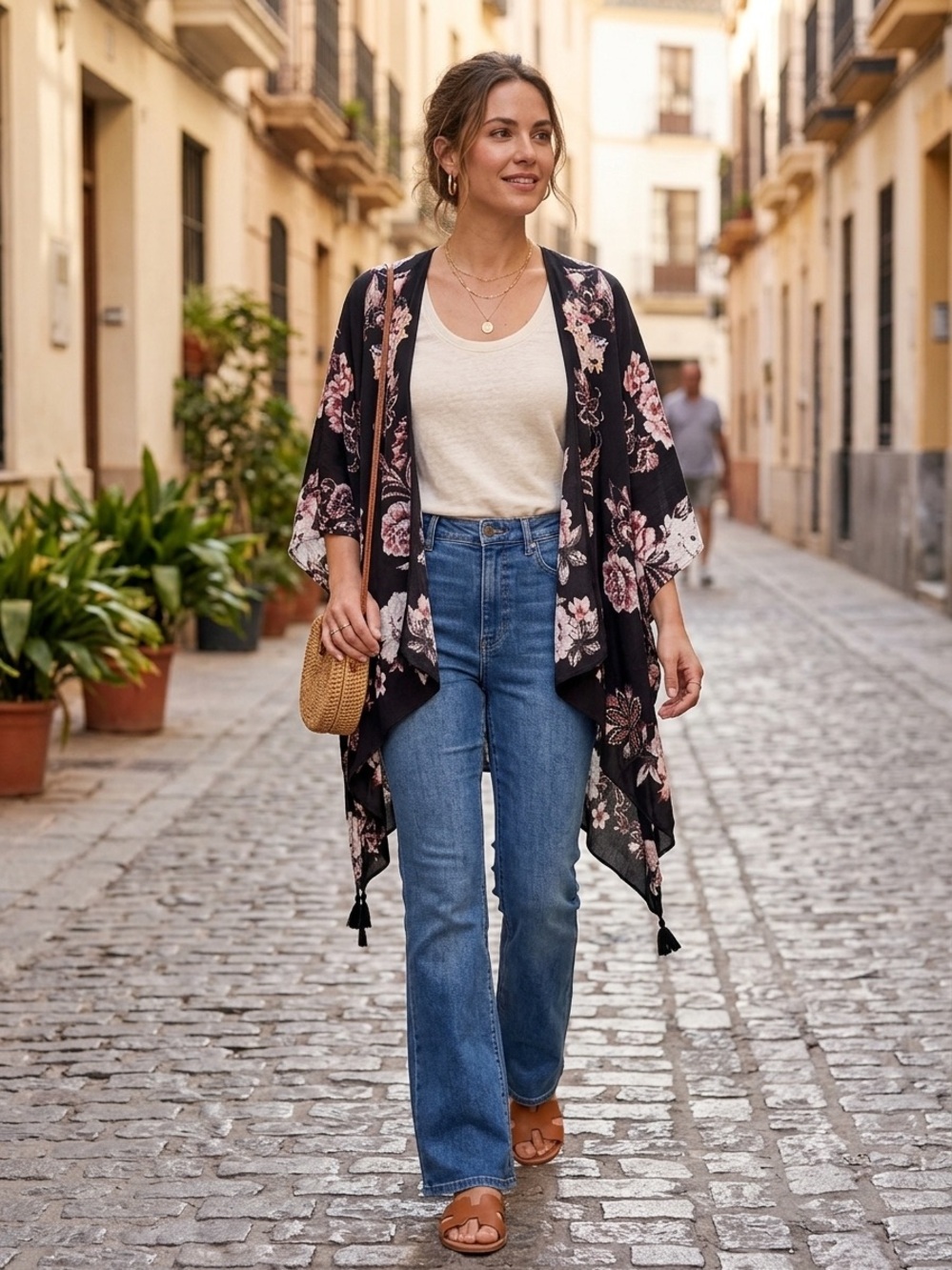 NWT Vince Camuto Floral Kimono Cardigan Charcoal Black One Size Tassel Cover Up